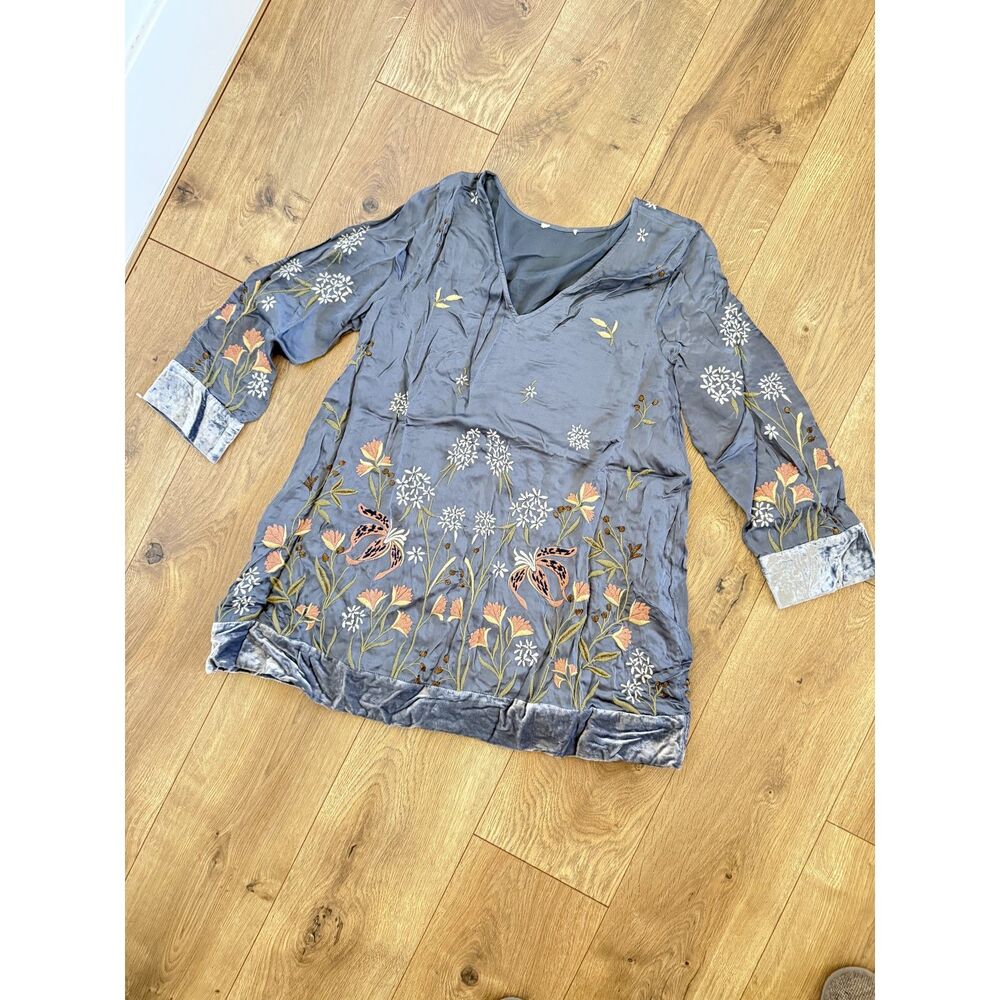 SUNDANCE xs oversized embroidered velvet trimmed long tunic shirt drapey lined